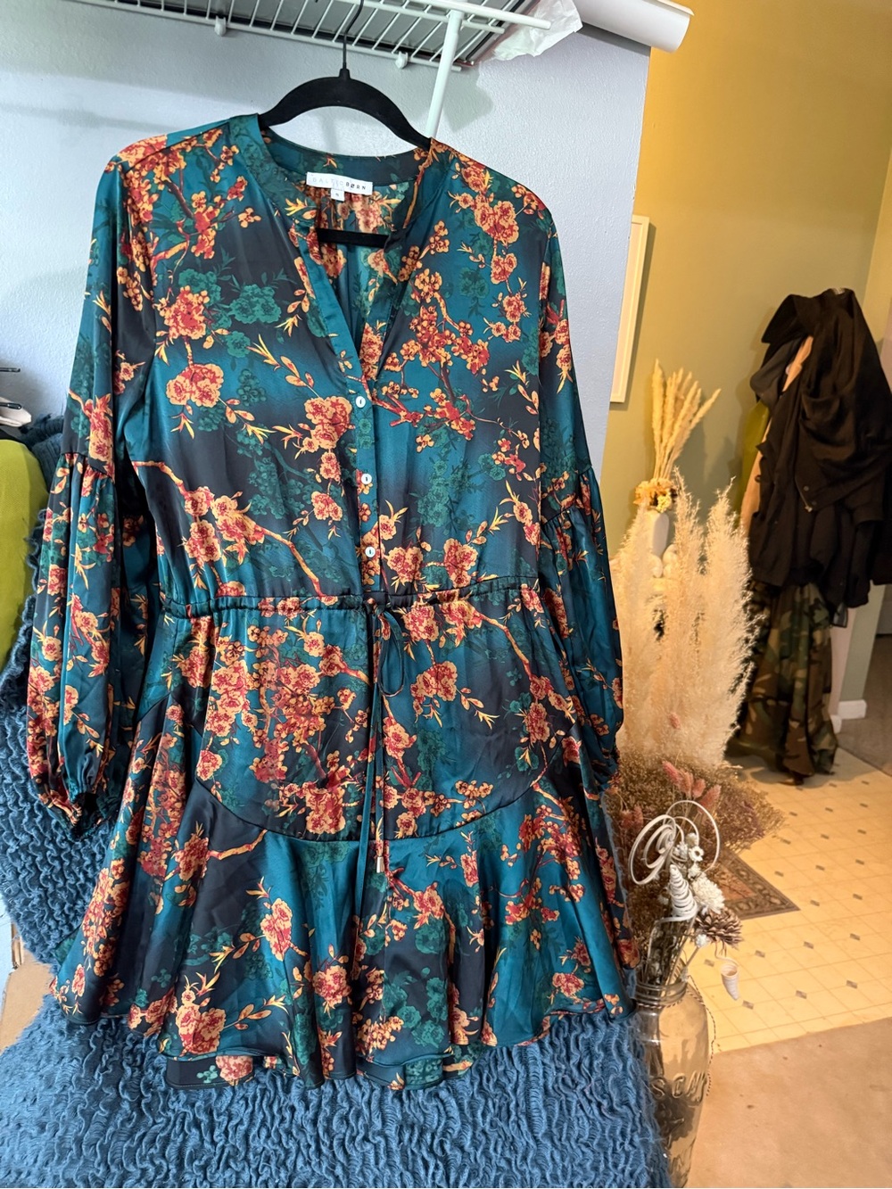 Baltic Born Teal Floral Long-Sleeve Tiered Dress with Drawstring Waist